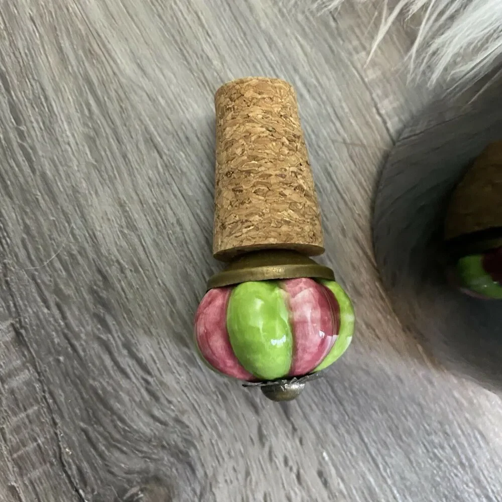 Wine Cork Stopper Decorative Flower Shiny Colored Painted Green Pink Ceramic